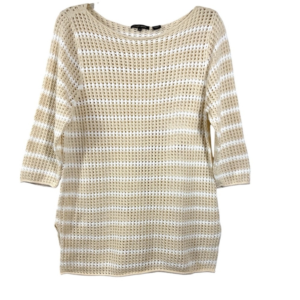 Jeanne Pierre Open Knit Cotton Sweater Cream Beige Stripe Coastal Tunic Size XL